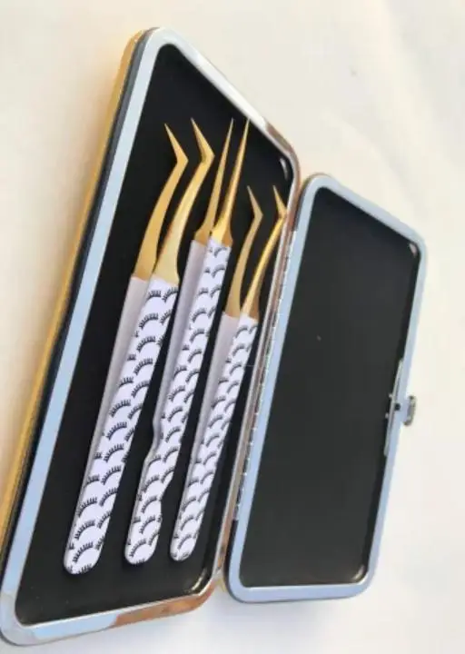 
White Gold Professional Lash Tweezers Set with Magnetic Case 