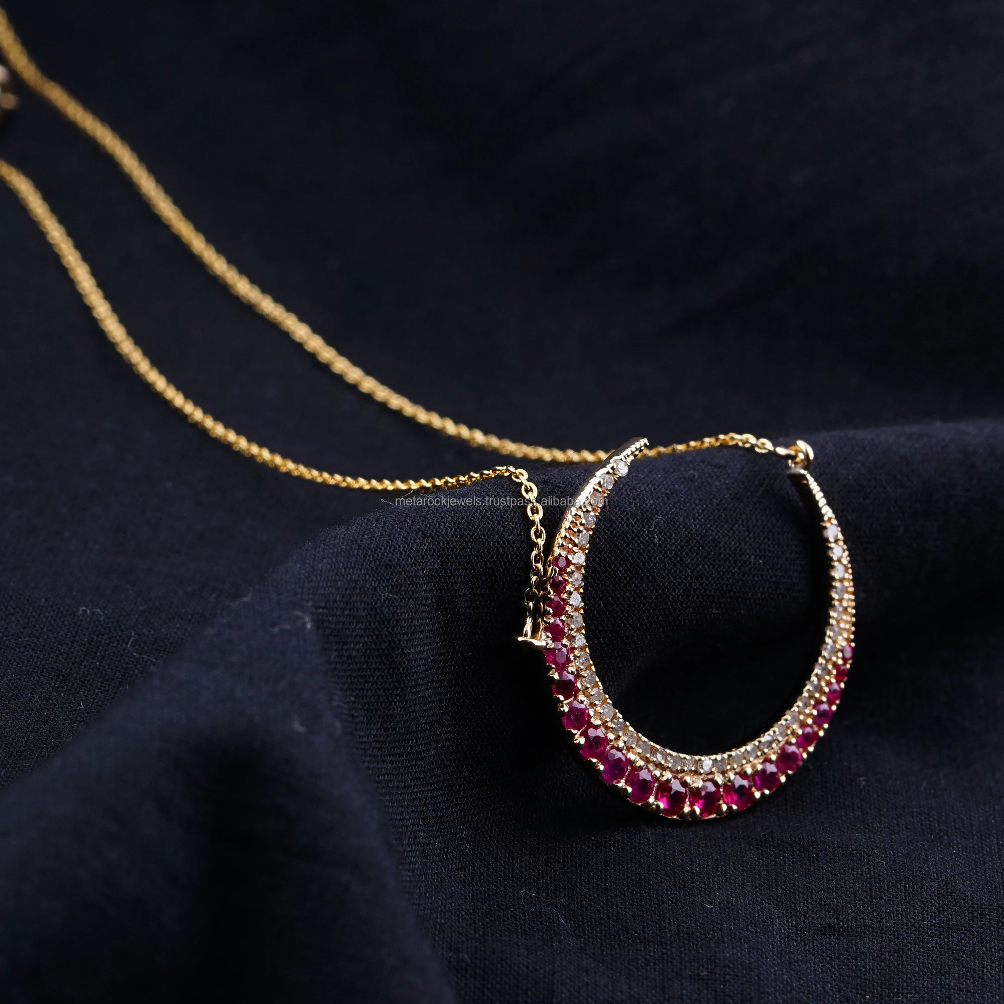Genuine Pave Diamond Ruby Crescent Moon Pendant 14k Gold Chain Necklace Fine Jewelry