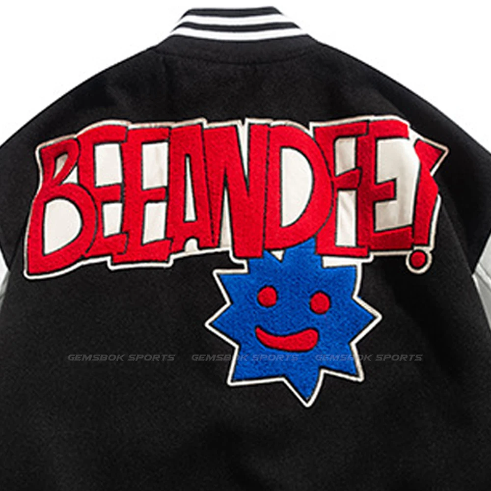 High Quality Fashion Custom made varsity  jacket wholesale baseball jackets Black Patchwork Letterman Varsity Bomber Jacket