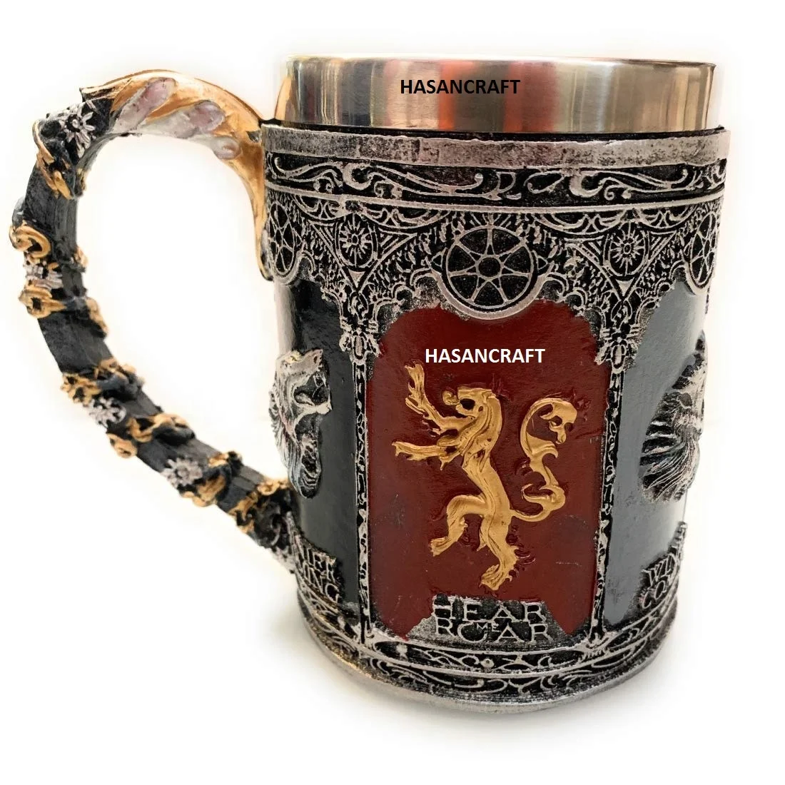 Drinking Mug Double Wall Stainless Steel Resin Gothic Helmet Beer Mugs Knight King Tankard Dragon Wolf Cup for home & Hotel