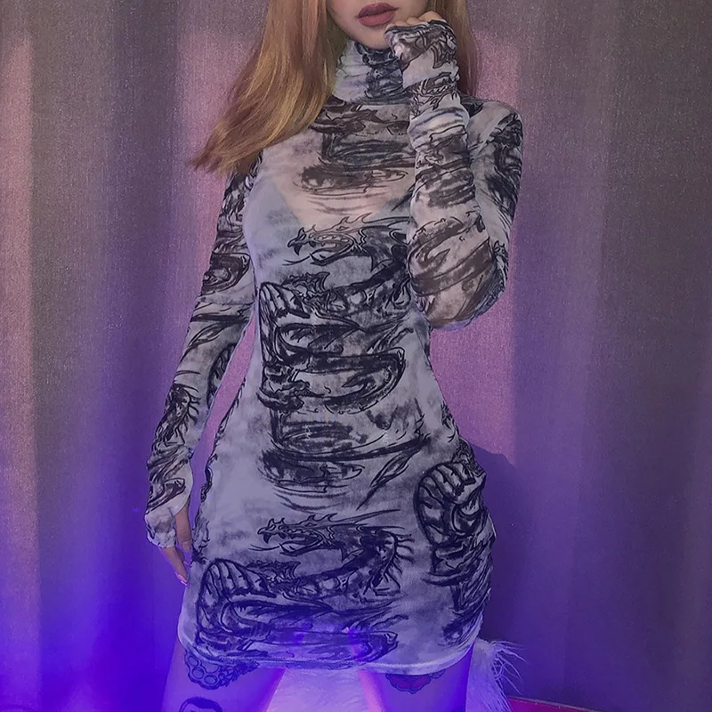 
Aselnn Turtleneck Dragons Printed Sexy See-Through Long Sleeve Dress women new club night wear 2020 