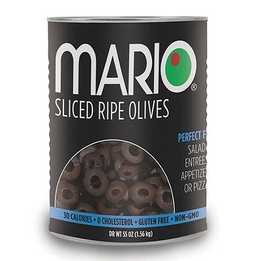 Mario Camacho Slice Ripe Olives 55oz Jar, Unmistakable, Delicious, Bold Flavor Premium Quality Pitted Black Olives