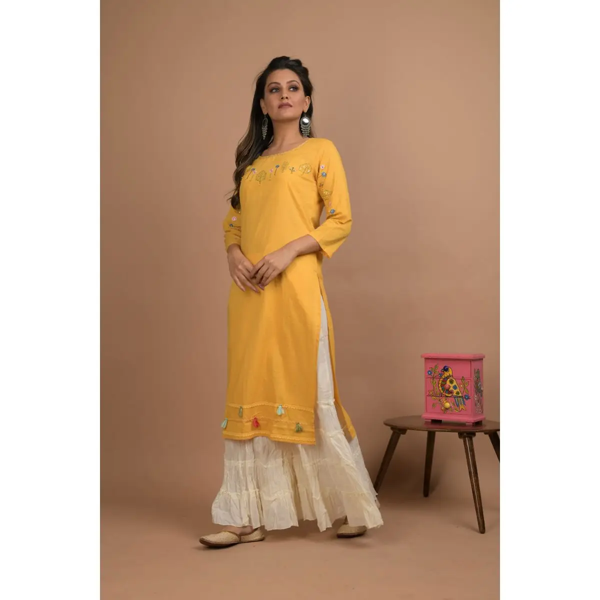  Дизайнерская одежда Индийский Стильный желтый костюм Kurta и
