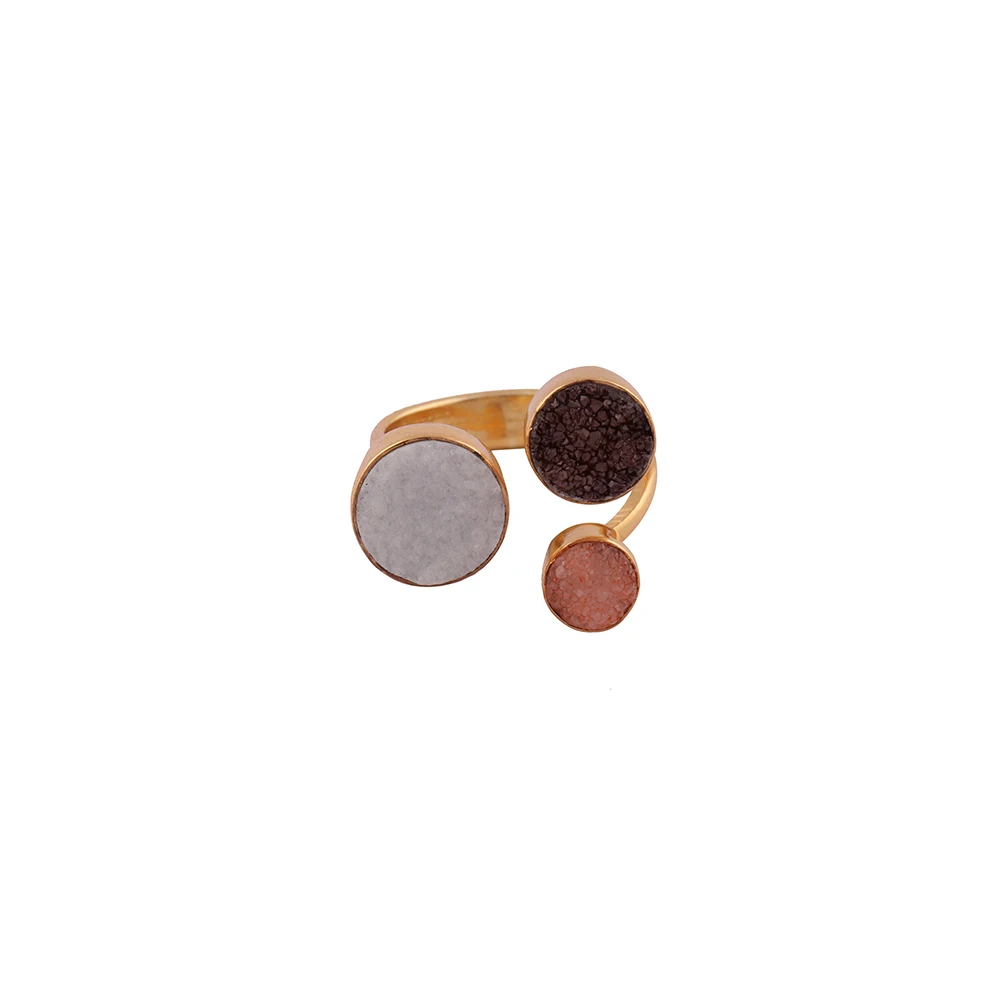 18k Gold Plated Peach, Brown And White Druzy Gemstones Adjustable Ring Three Stones Women Engagement Jewelry.  Mode Joyas R-002