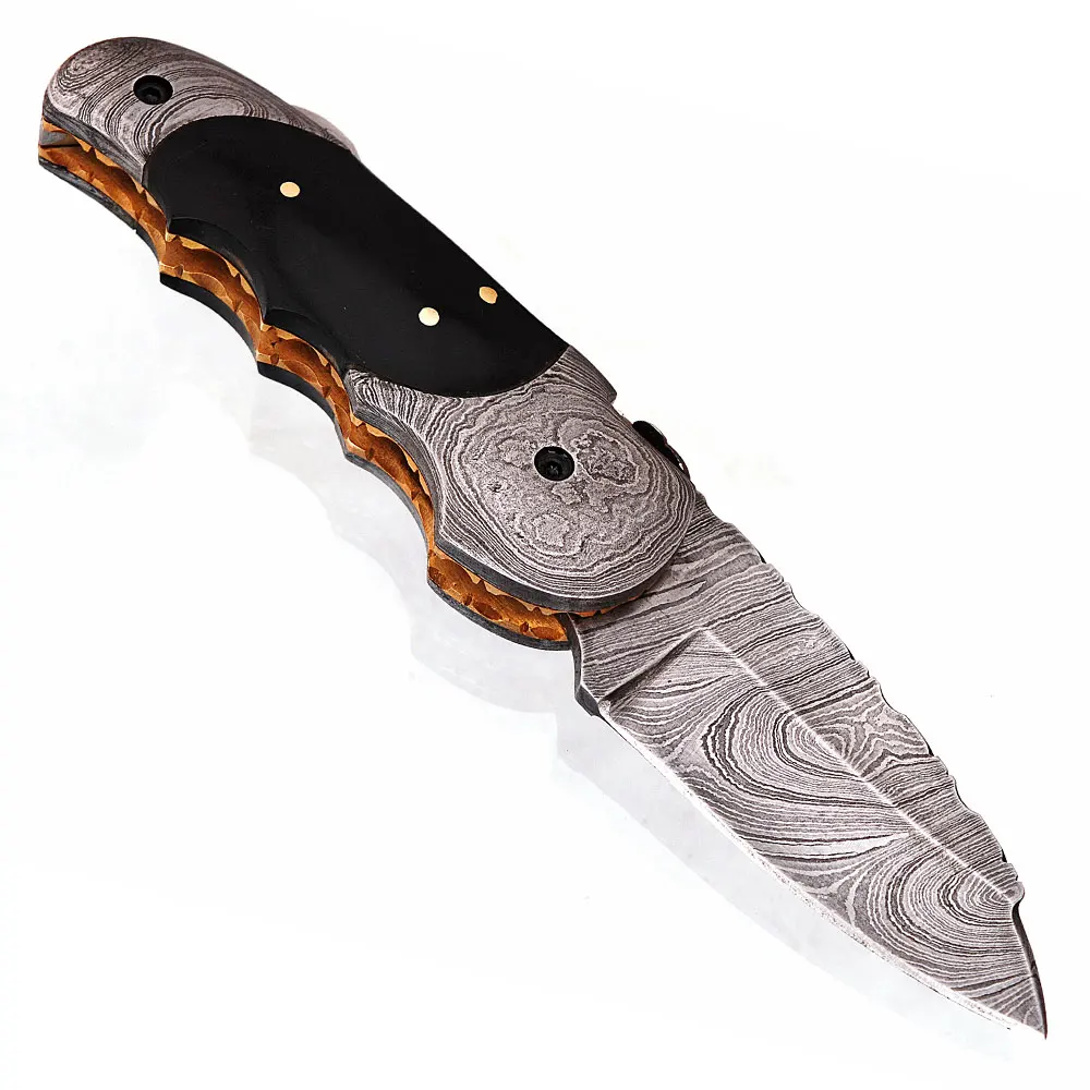 
Hand made Damascus Steel Custom Design Folding Knive/ Pocket Knife with Camel bone, Color wood and Black Buffalo Horn handle 