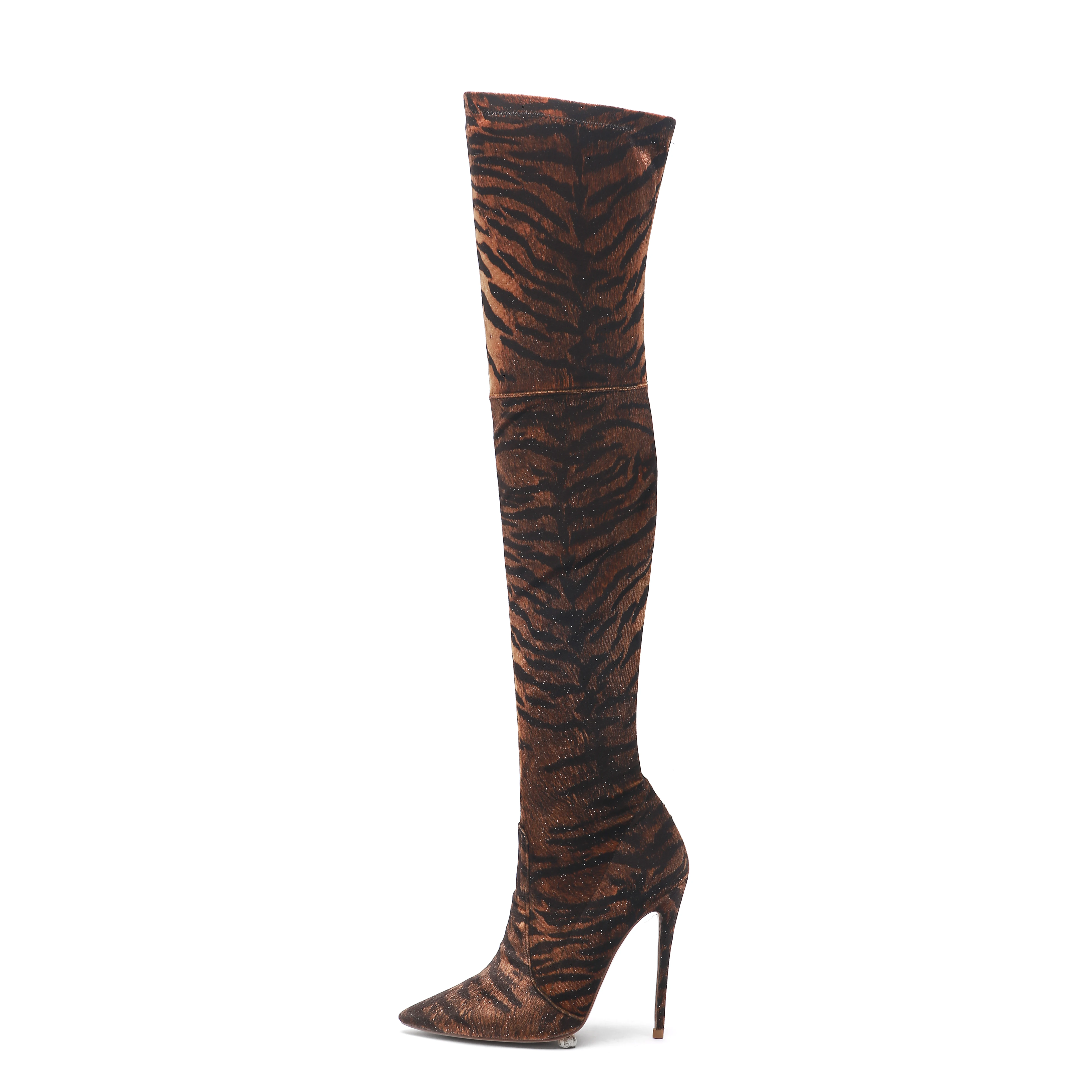 
stiletto heel over knee boots horizontal stripes stretch fabric leopard tabby for women 