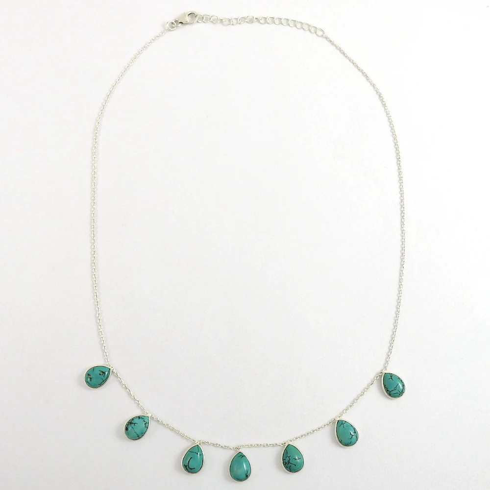 Top Selling Product 925 Sterling Silver Natural Turquoise Gemstone Teardrop Shape Charm Necklace For Woman And Girl Boho Jewelry