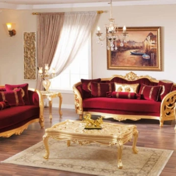 Monique Victorian Ruby Red Luxury Sofa & Loveseat Set Gold Mahogany