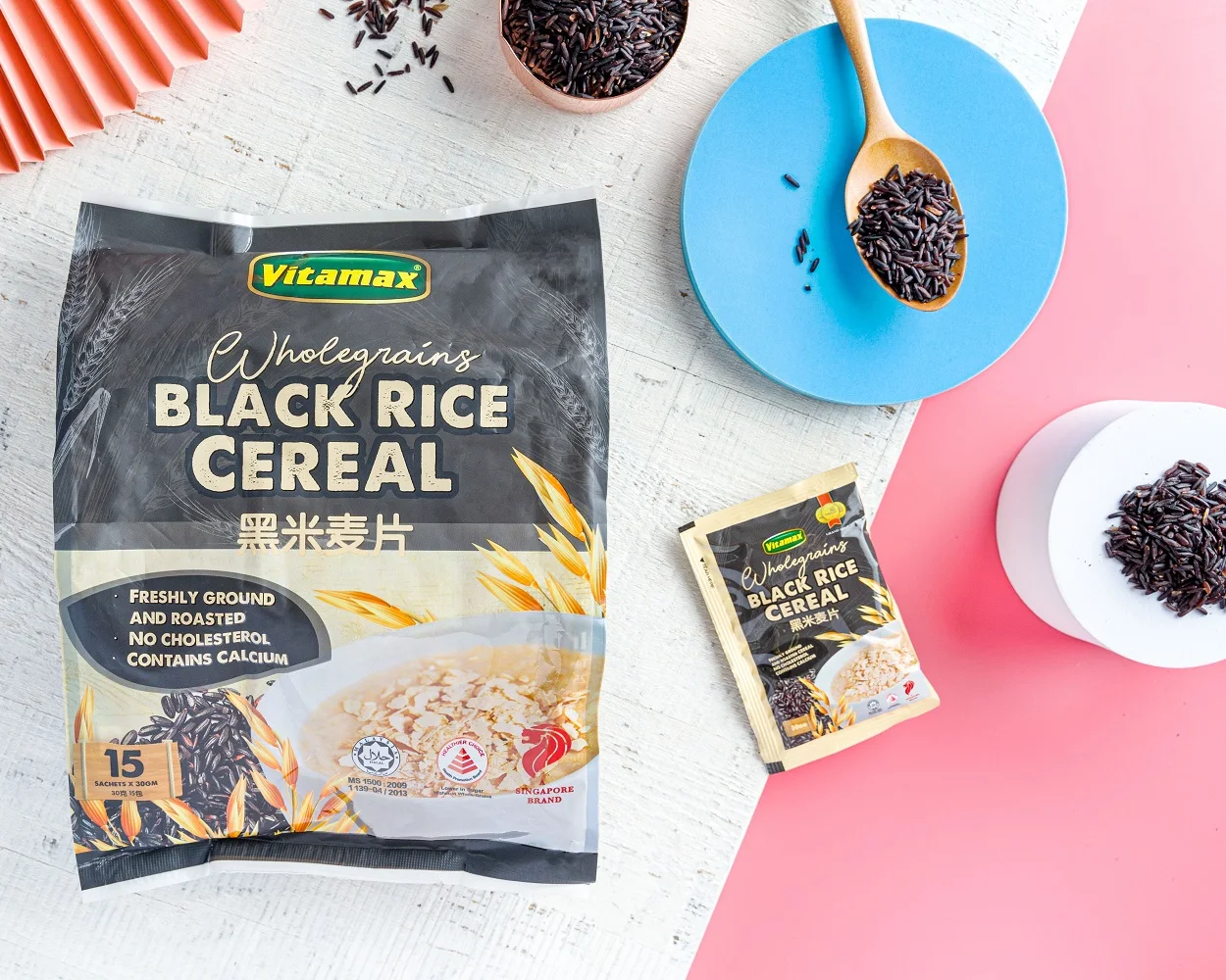 OEM Low-Sodium Low-Fat Ready To Eat Breakfast Smooth Taste Baked Vitamax Instant Wholegrains Black Rice Cereal 30g x 15s x 20p