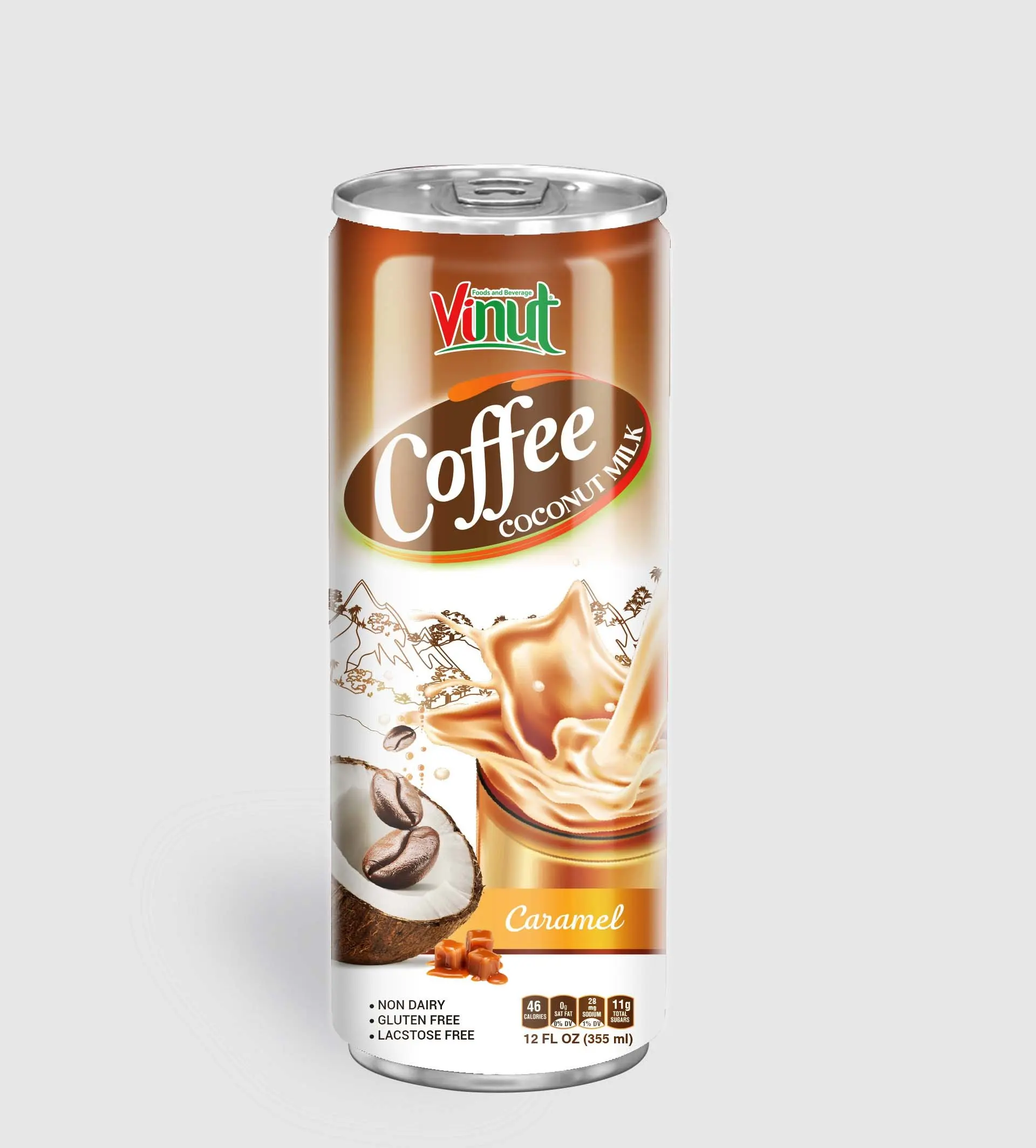 12 жидких унций, кофе, кокосовое молоко с каталогом производителя карамельного цвета, готовый к употреблению кофе