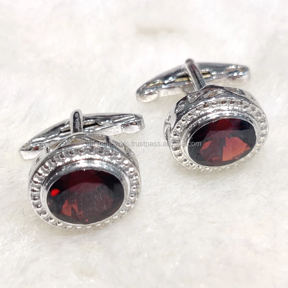 
925 Sterling Silver Cuff links Red Garnet Gemstone Jewelry For Men 