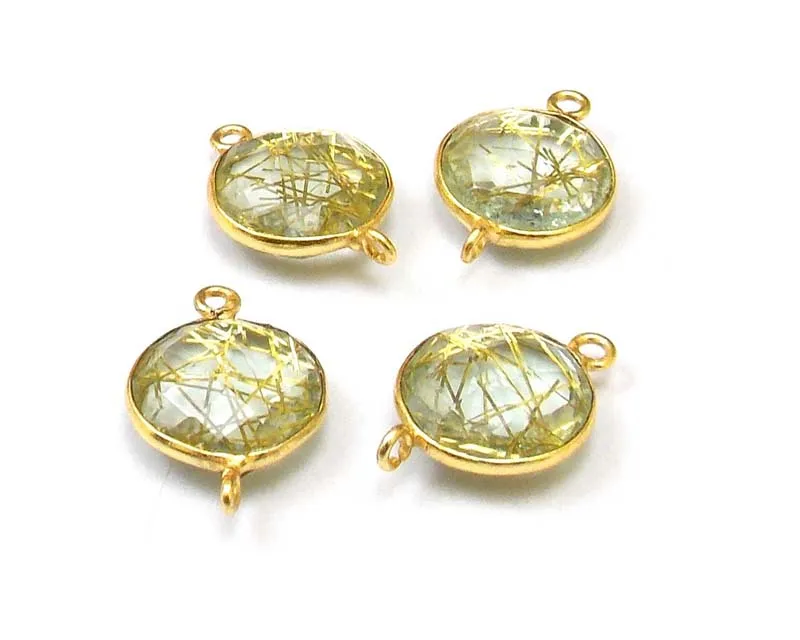Golden Rutilated Gemstone With Gold Plated Round Shape Faceted Double Bail Vertical Loop Jewelry Making Bezel Connector
