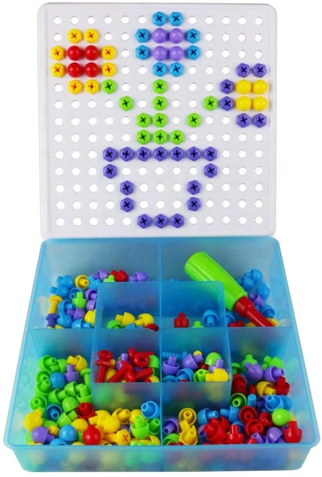 
Pegboar Toy Construction Toys Creative Building Blocks Bricks Diy Mosaic Puzzle Bolt and Mushroom Nails 2 in 1 with Storage Box 