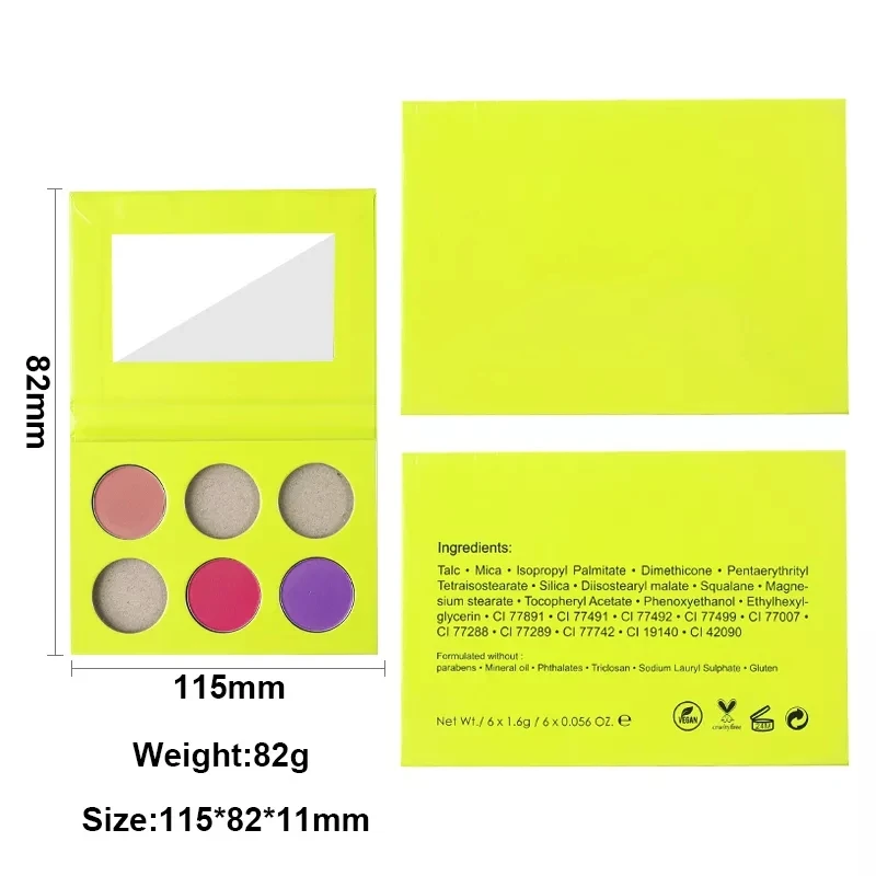 Low Moq 6 Pan Eyeshadow Palette Oem matte shimmer glitter high pigment Makeup Palette