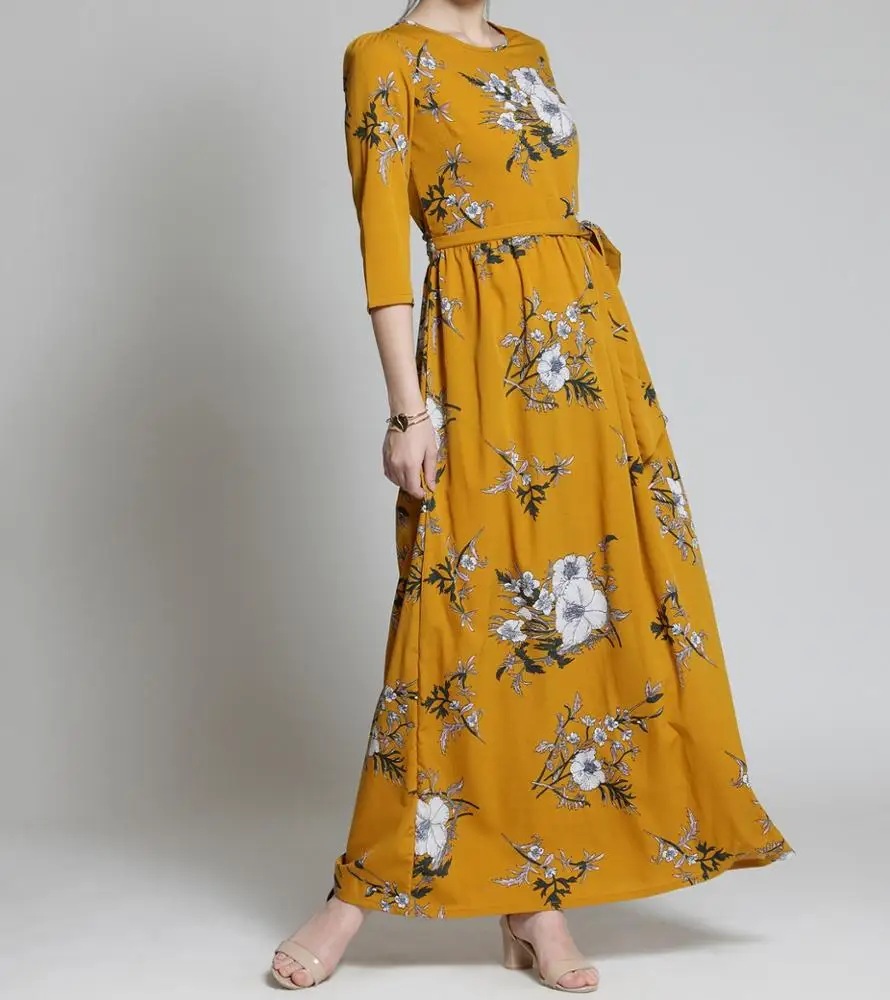 Spring Women Clothes New Round Neck Pea Pod Print Dresses Temperament Natural Maxi Casual Dress