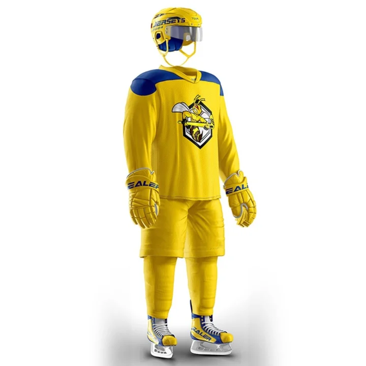 Изготовленный на заказ высококачественный индивидуальный сублимационный дышащий полиэфирный тканевый комплект униформы для хоккея с шайбой