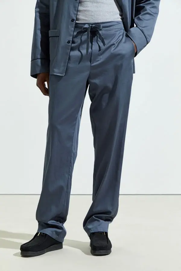 MGOO Long Sleeve And Pants Dark Blue Basic Solid Mens Satin Sleepwear Plain Blank Men Pajamas Set