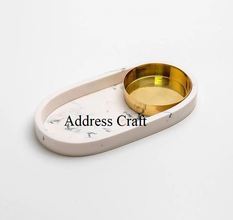 Elegant Style Serving Tray White Resin Tray And Brass Golden Color Bowl Home & Kitchen Hotel Restaurant Tableware Bowl tray set