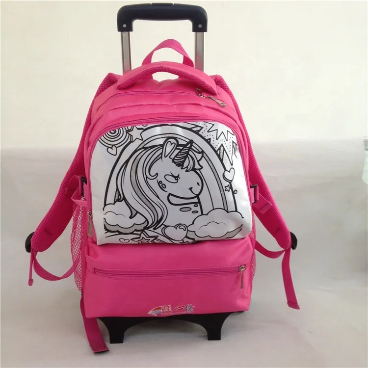 hot sell colorful painting children school trolley bag with light on wheels bag luggage