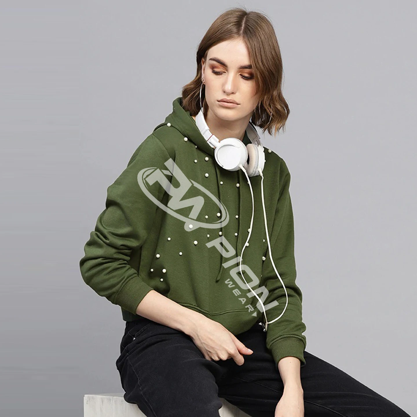 
Olive Green Embellished Long Sleeves Wonderful Designed Wholesale Sweatshirt hoodie for Womens 