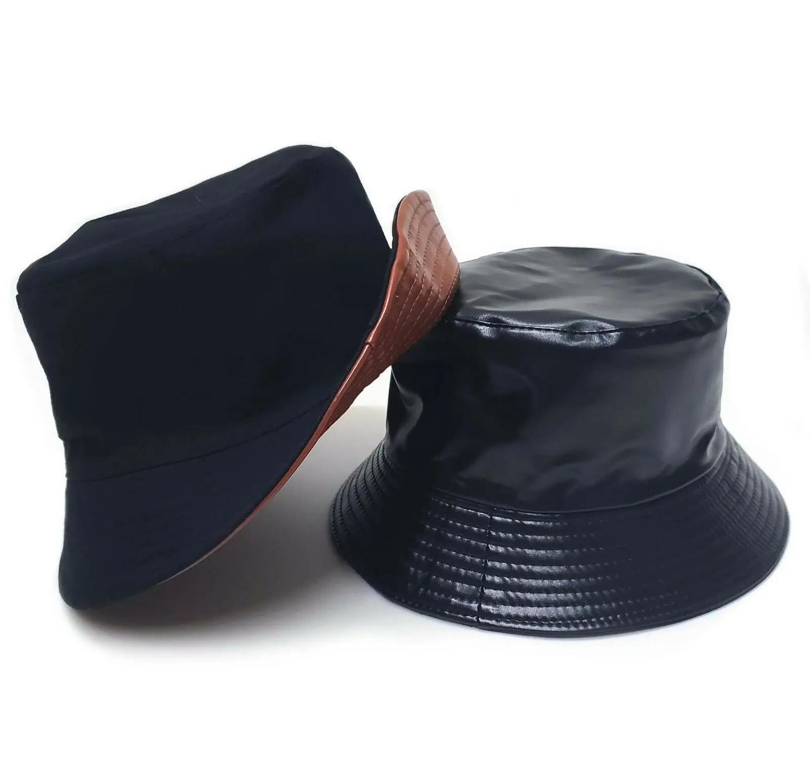 Reversible Hats Women High Fashion Bucket Hats PU  Fashion Fisherman Solid Color custom original leather Caps