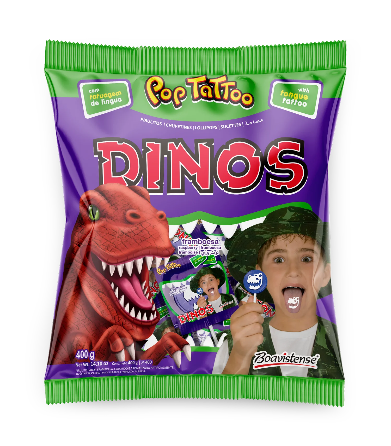
66050 - Pop Tattoo Dinossauros Raspberry Flat Lollipop Tongue Tattoo 8g 32x50un 