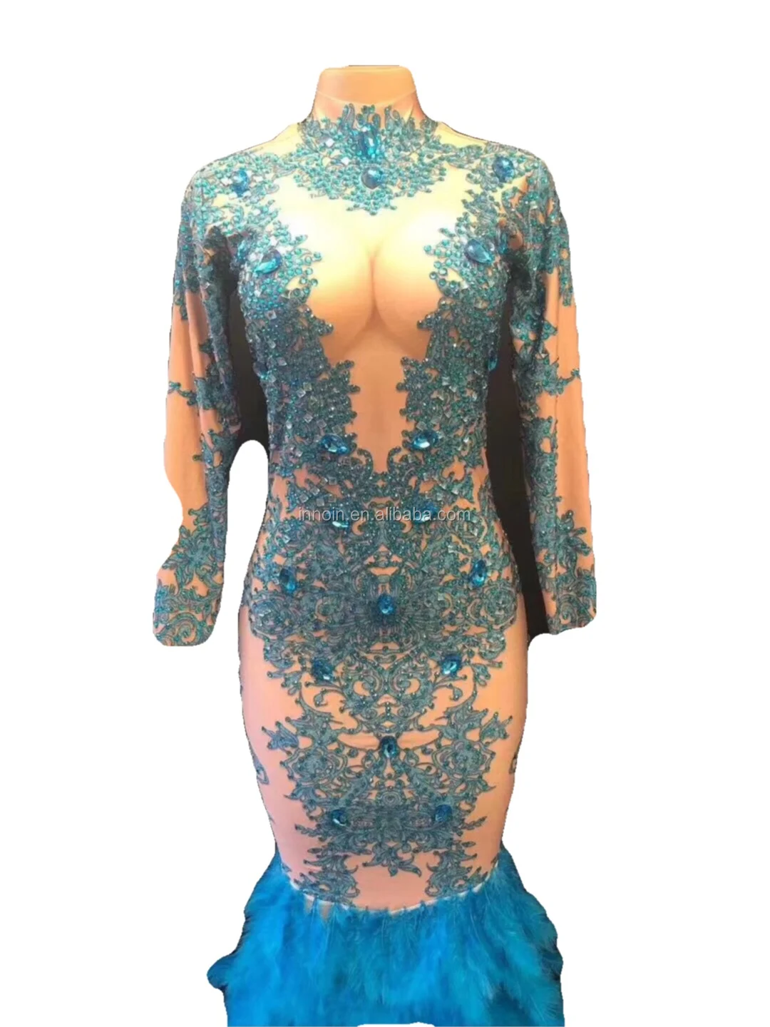 
Sparkling Sapphire blue Rhinestone Feather Trailing Dress Birthday Celebration Banquet Evening Wear Concert Ball Singer Dress 