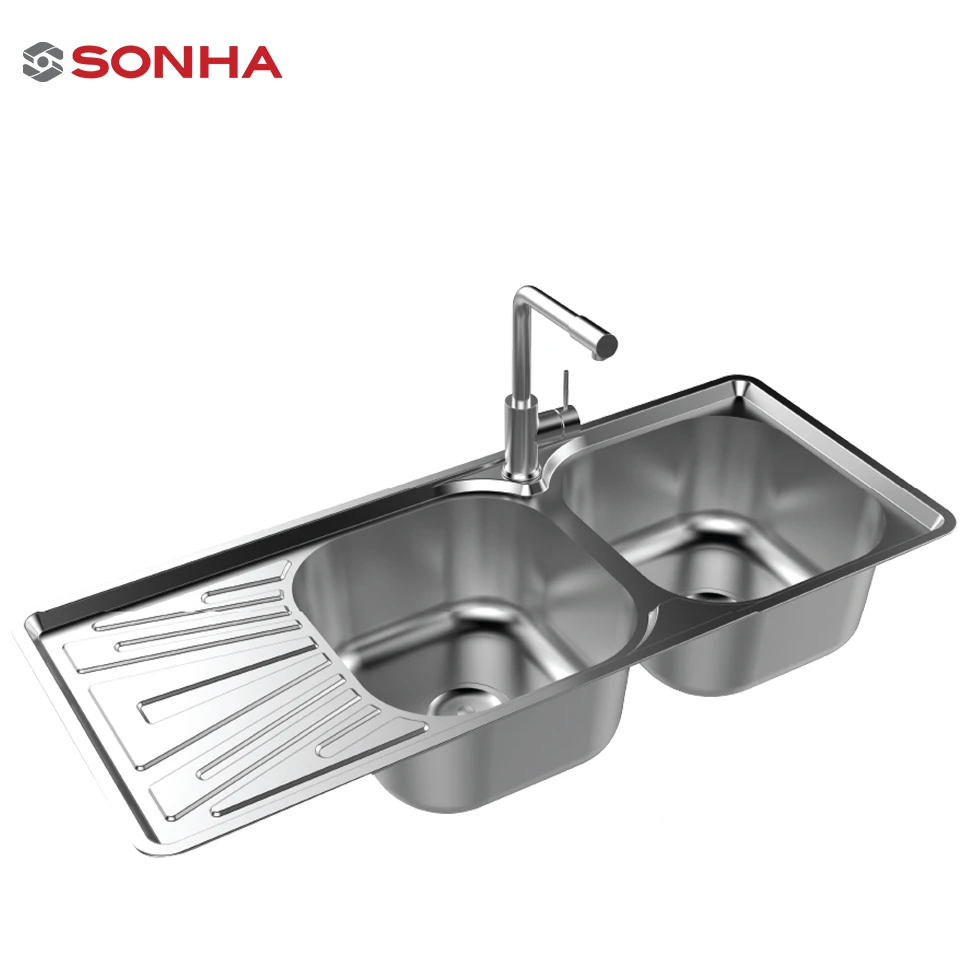 High Quality Stainless steel Top Mount Pressed Kitchen Sink Equal Double Bowl With Drainboard