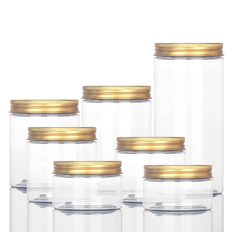 100ML 200ML 300ML 500ML pet round transparent bottle 8oz 10oz cosmetic container air tight food grade plastic jar with gold lids