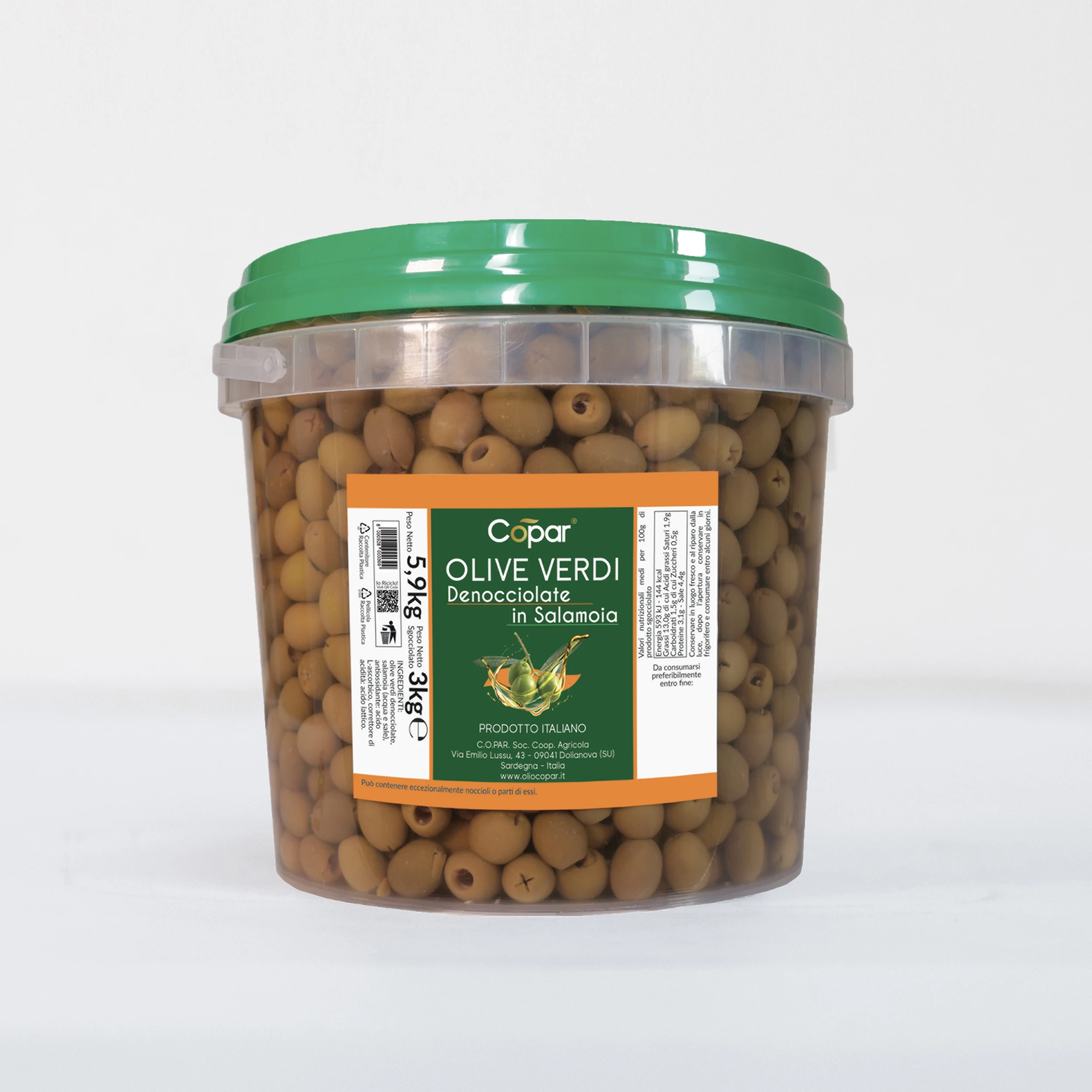 Premium quality Italian pitted green olives in brine 3 kg plastic jar for horeca cooking for export