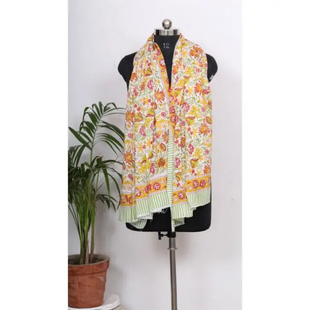 Indian Hand Block Printed Cotton Sarong Jaipuri Hand Made Set Natural Colored Scarf Sanganeri Print Gift For Mother Day