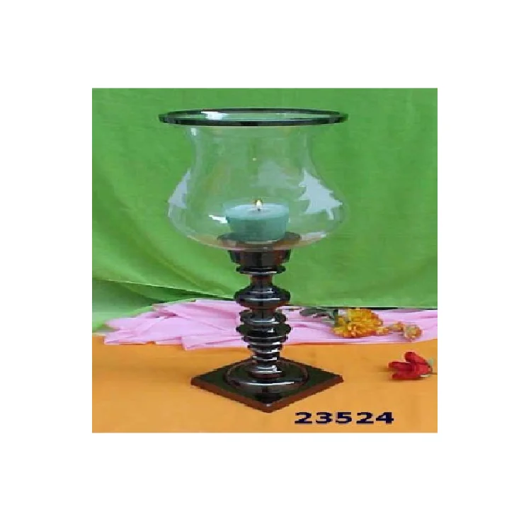 Clear Glass Hurricane Candle Holder Black Stand Holder Decorative For Dining Table