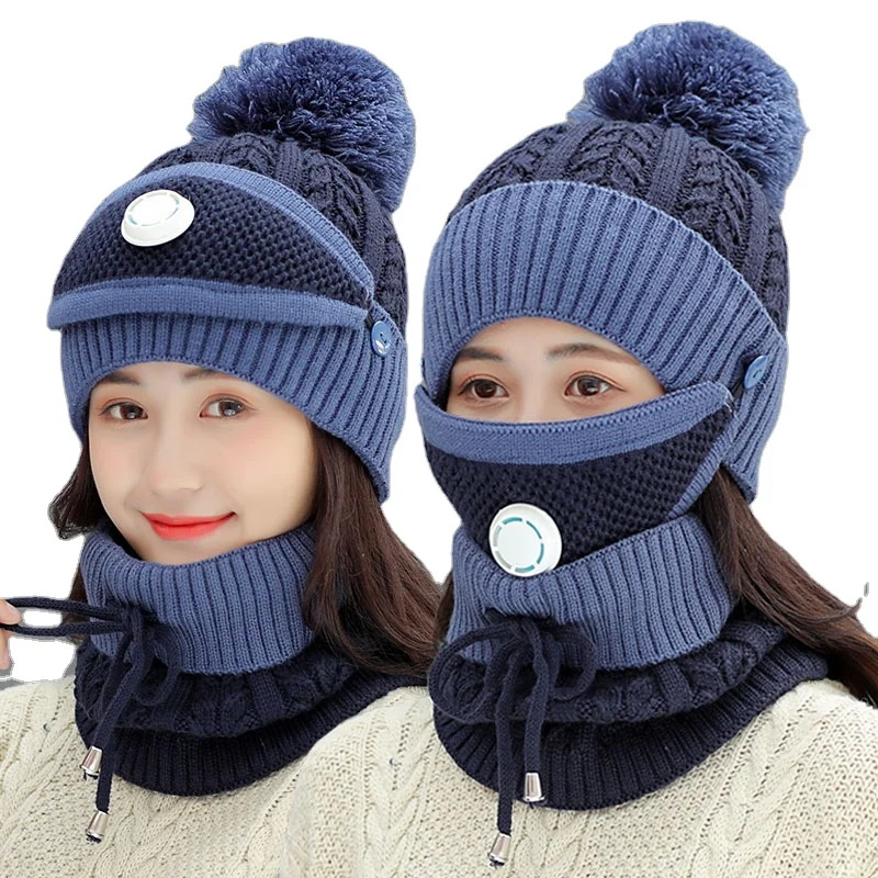 Slouchy Snow Knit Cap Infinity Scarves for Women POM POM Beanie Hat Scarf with breather valve