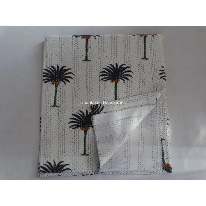 Домашнее декоративное покрывало оптовая продажа красивое белое хлопковое ручной работы с пальмовым деревом одеяло Kantha индийское принтом Gudari