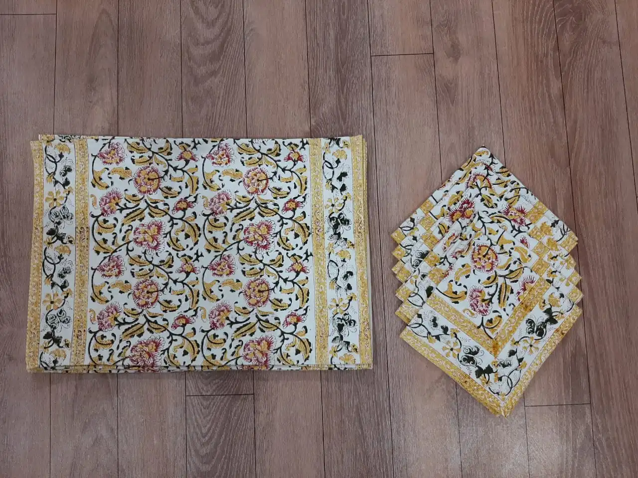 Premium Quality  Indian Cotton Hand Block Print Floral Table Mats & Napkin Set of 6 Napkins & 6 Mats