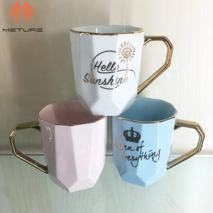 Custom printing gold logo WHITE ceramic mug coffee cup with LID,gold handle,gold top