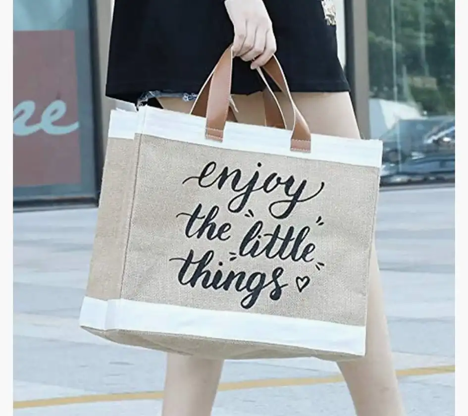 eco friendly womens girls jute burlap hessian tote top load bag natural materials hand crafted beg