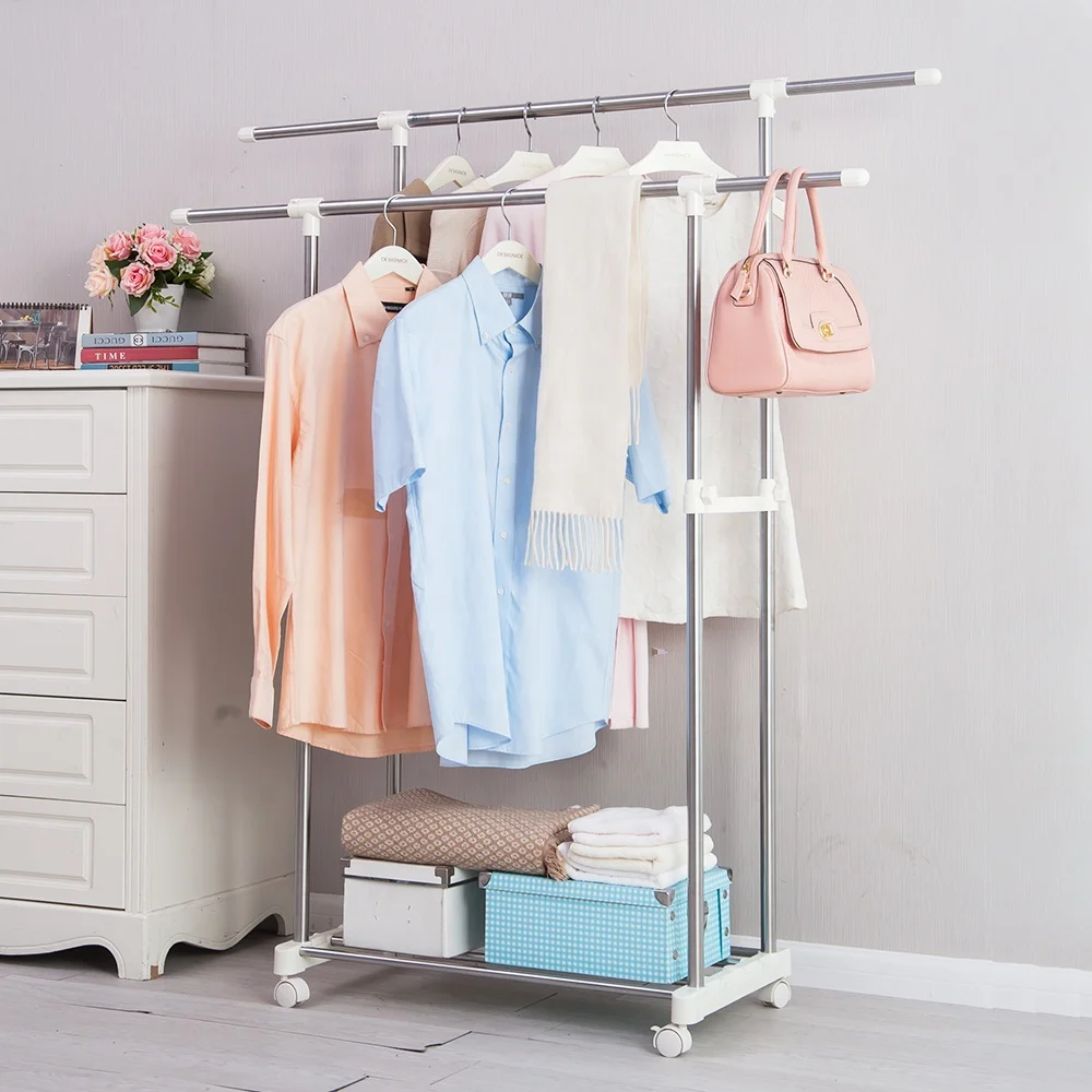 BAOYOUNI Double Rail Cloth Hanger Stand Stainless Steel Clothes Organizer Rack Rolling Wheels Garment Hanging Rack