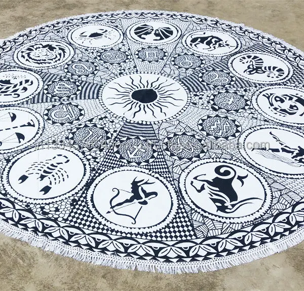 Magical Elegant Feel Black and White Astrology 12 Zodiac Signs Round Tassel Fringes Tapestry Bohemian Beach & Home Decor Throw