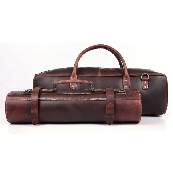 Orignal Leather Knife Roll & Bag Combo Walnut Brown 10 Stretchable Knife Pockets on one side and 4 Leather Grooves on the other