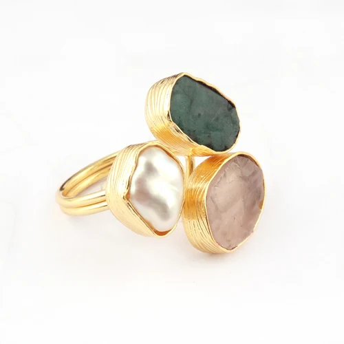 White Biwa Pearl Adjustable Ring Real Raw Rose Quartz Emerald Diamond Gold Plated Texture Finish Big Factory Birthstone Jewelry