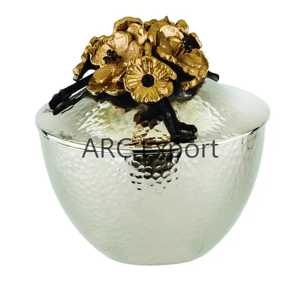 Modern Design Tableware Serving Bowl Dry Fruits Dates Sweet Serving Bowl Oval Shape Flower Metal Leaf Handle Serving Bowls