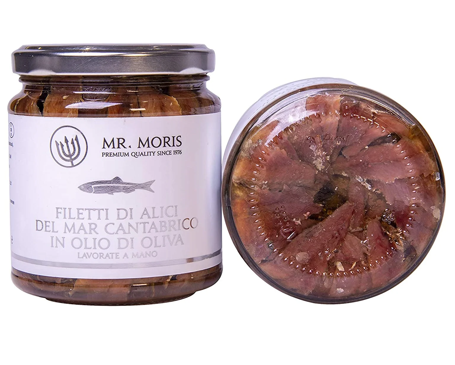 Premium Quality Anchovies Fillet from Cantabrian Sea in Extra Virgin Olive Oil Mr. Moris Made in Italy Kosher in Jar 320 g