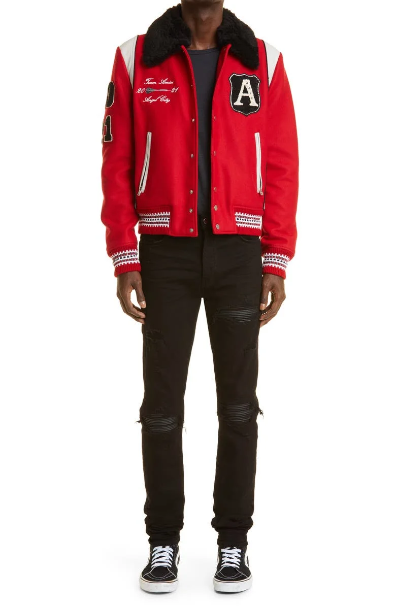 Men varsity jacket new fashion turn down fur collar leather wool fabric chinelle embroidery men baseball letterman jacket