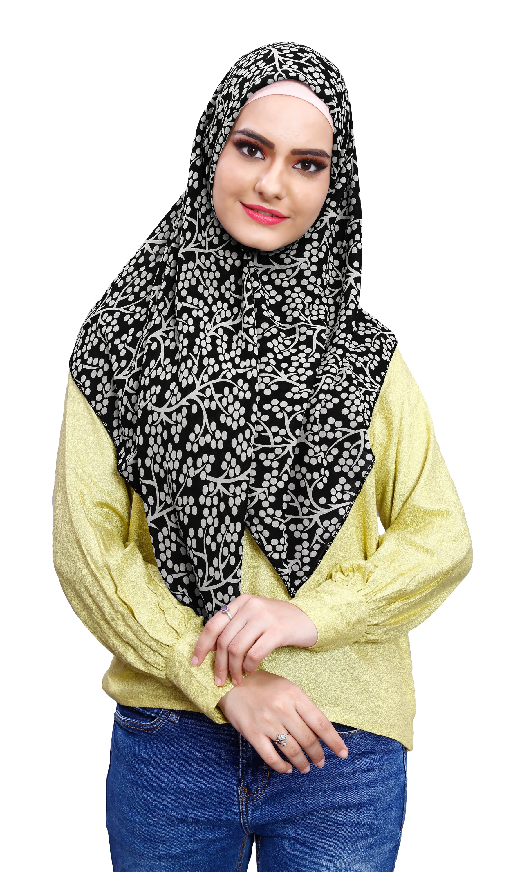 Black White Soft Chiffon Printed 100 * 100 Square Scarf Hijab Dupatta For Women