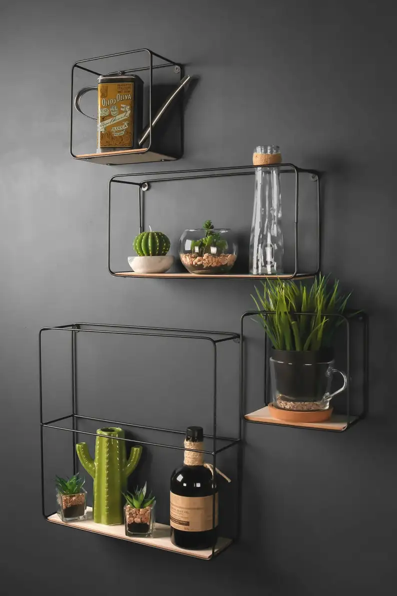 Latest Design Square Black Wall Shelf Wooden Plank Iron all Sizes Living Room Storage Objects Home Decor Wholesale Price India
