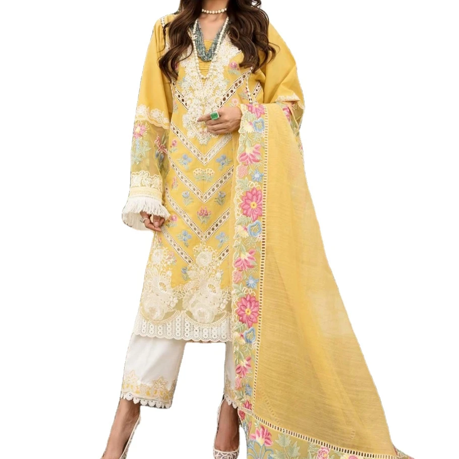 Сшитая/невышитая полная вышивка газон 3 шт. salwar kameez с шифоновой дупаттой для женщин 2021
