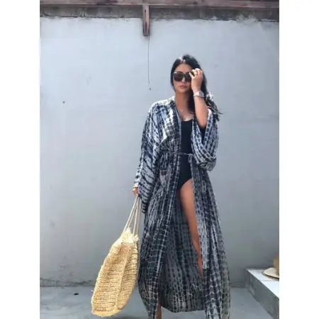 Gypsy Resort Wear Tie Dye Long Sleeve Side Pocket Ankle Length With Belts Women Kaftan Batik Beach Dress
