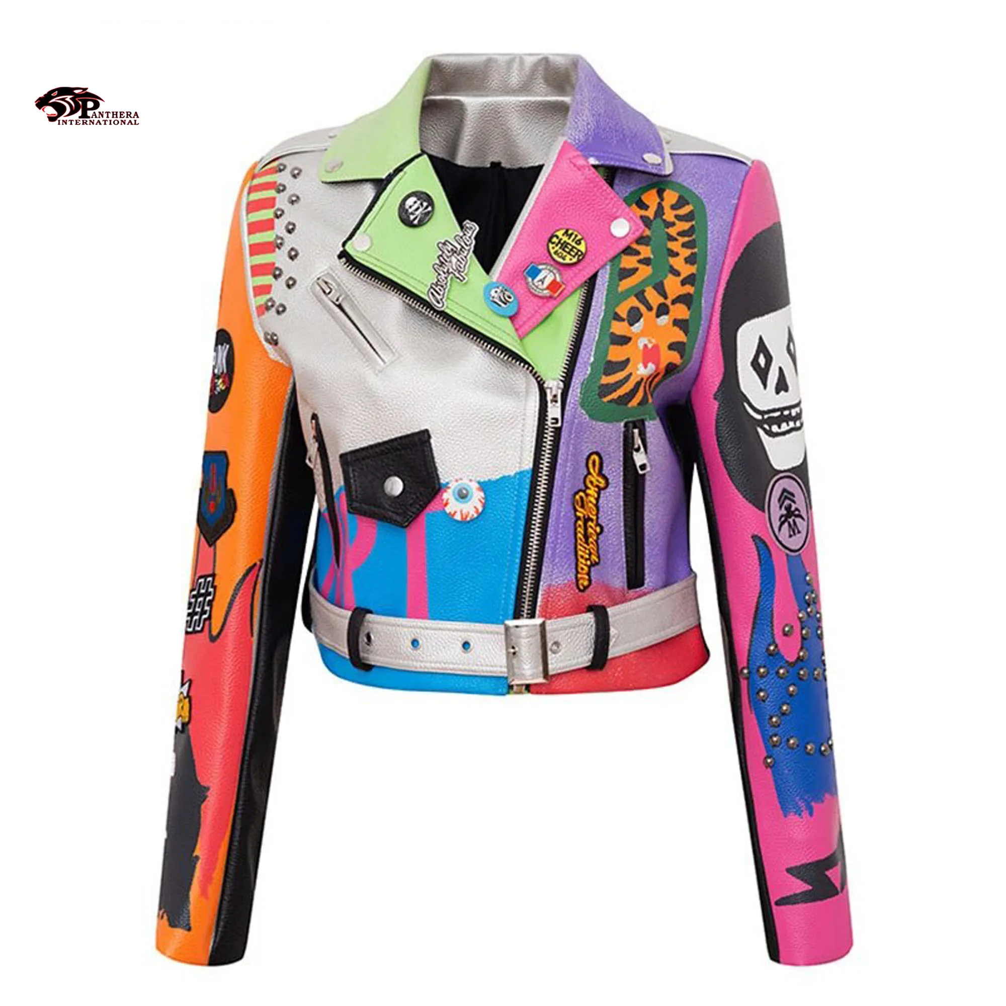 Leather sublimated high quality multi color Women jacket color block leather crop women jackets latest design