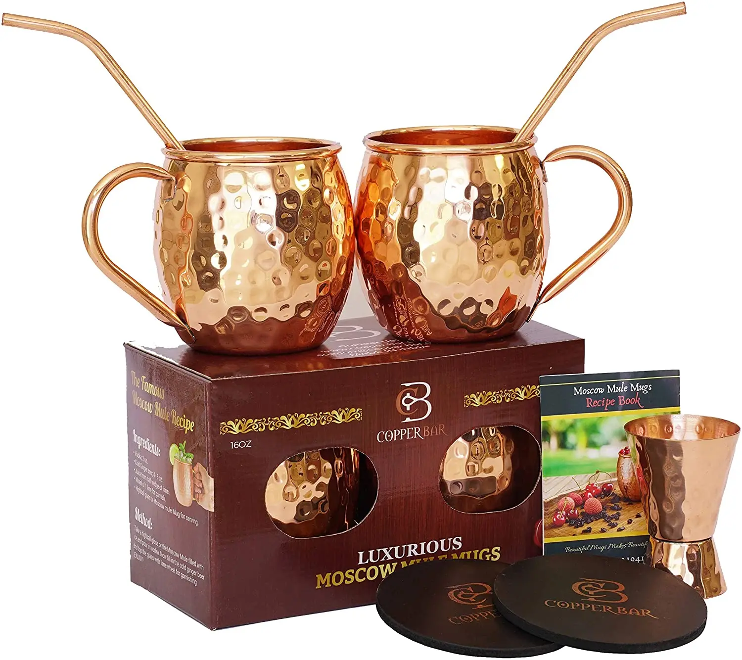 Moscow Mule Copper Mugs  Set of 2 - 100%  Pure Solid Copper Mugs 16 oz Gift Set with Highest Quality Cocktail Copper Straws